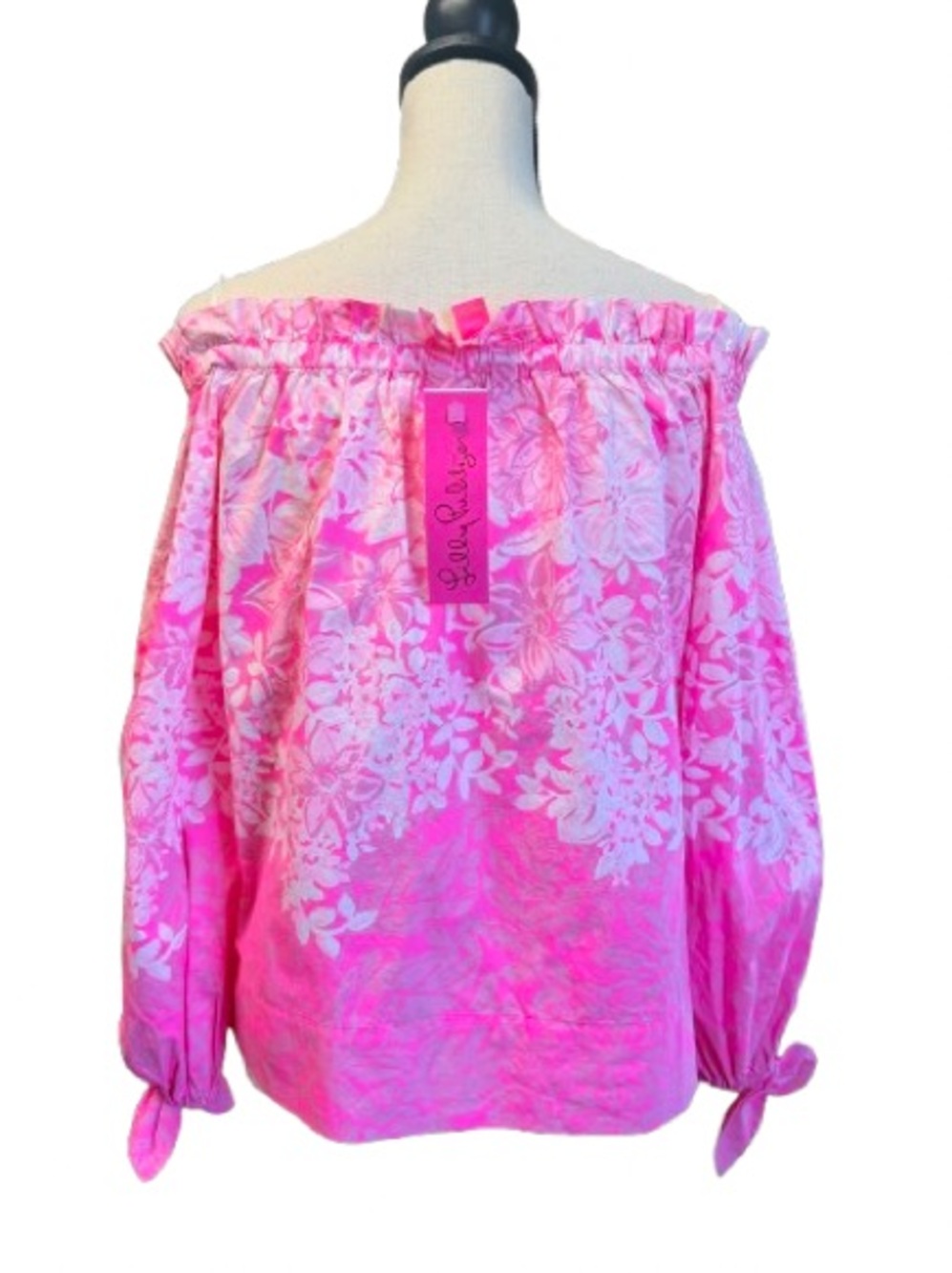 Lilly Pulitzer Pink Floral Off Shoulder Top Small Tie Sleeve Blouse Resort - Picture 3 of 8